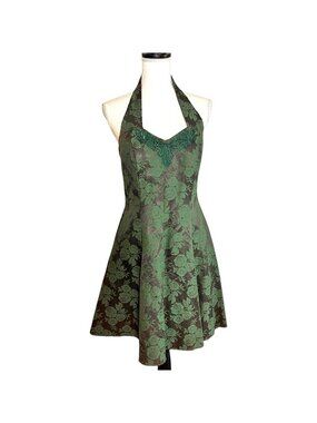Vintage Ariana Green Floral Halter Dress Y2K Fairycore Made USA Small Party